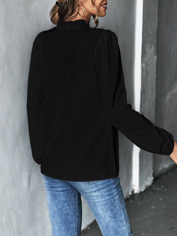 flowersverse Ruffled Solid Color Long Sleeves Loose V-Neck Blouses&Shirts Tops