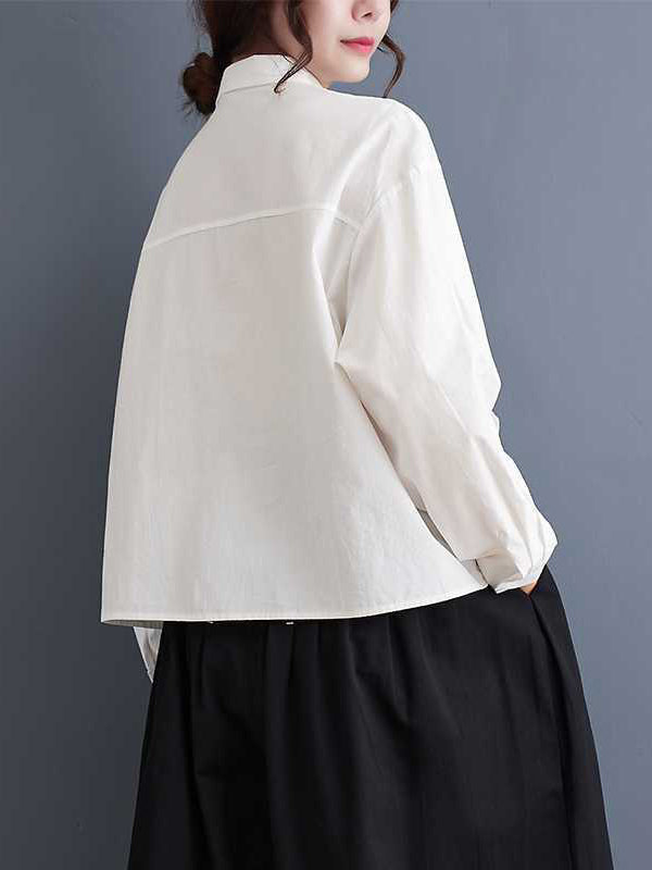 flowersverse Applique Buttoned Embroidered Long Sleeves Loose Lapel Blouses&Shirts Tops