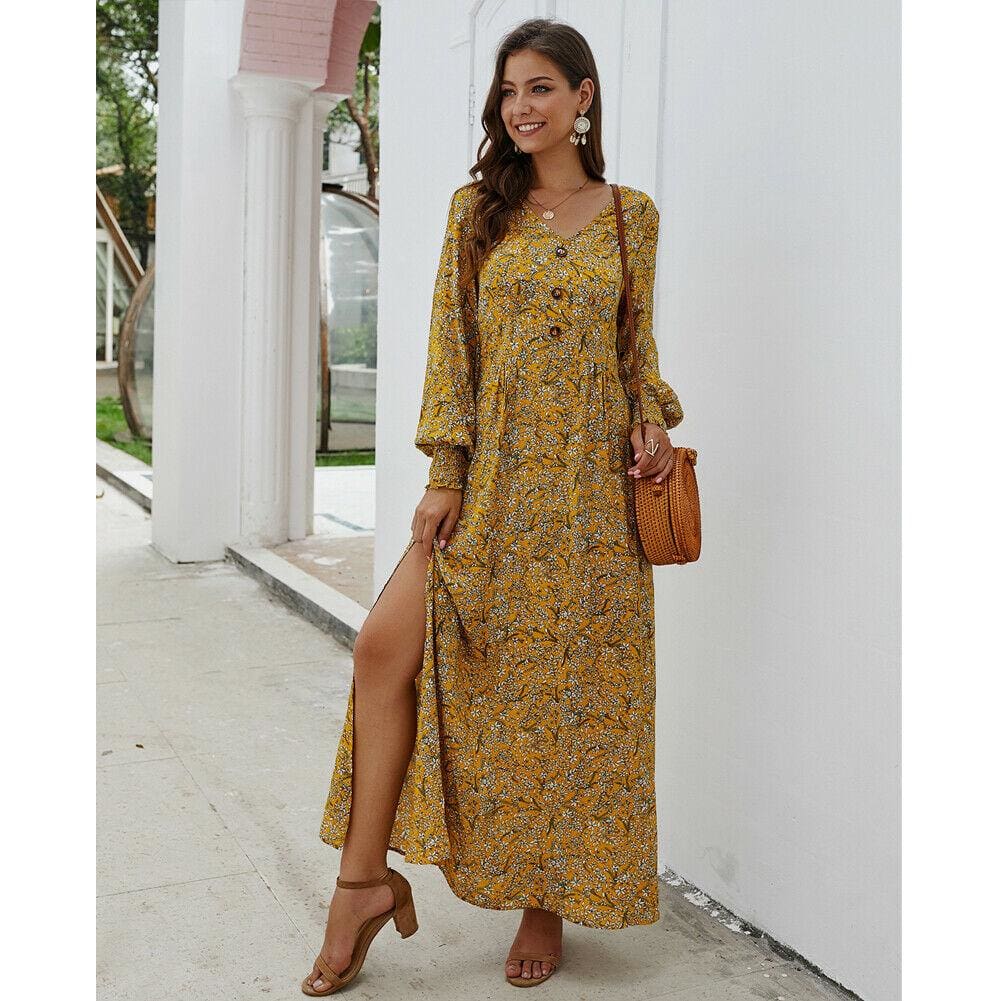 flowersverse Women Ladies Long Lantern Sleeve Autumn Dress Floral Autumn Pre-fall Holiday Buttons Maxi Dress