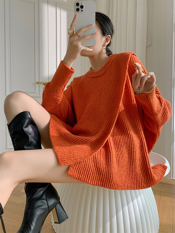 flowersverse Irregularity Loose Solid Color Batwing Sleeves Round-Neck Sweater Tops