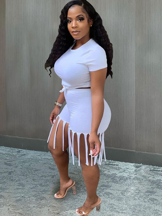 flowersverse 2 Piece Plus Size Knot Front Short Sleeve Tops Tassels Shorts