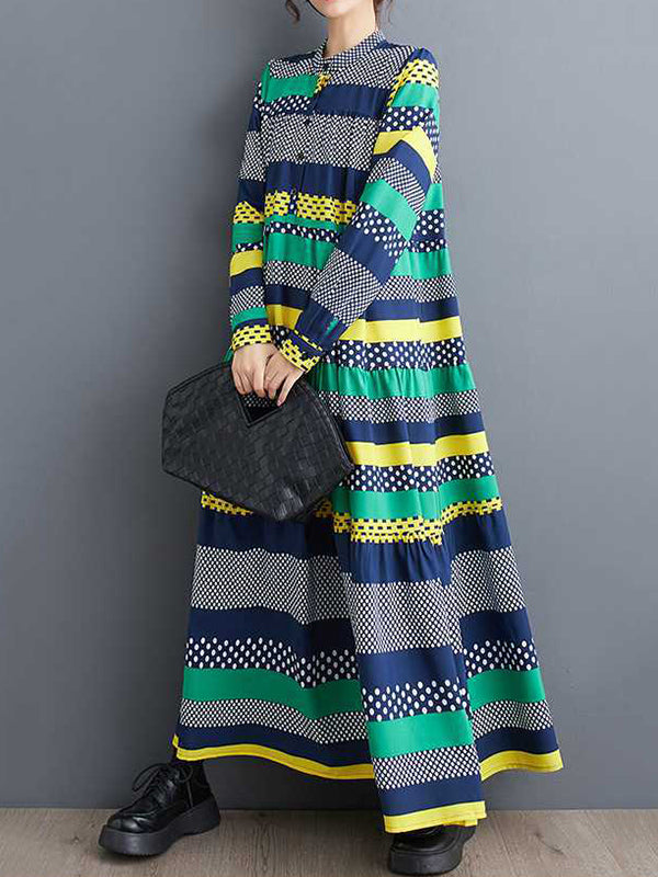 flowersverse A-Line Long Sleeves Buttoned Polka-Dot Split-Joint Round-Neck Midi Dresses