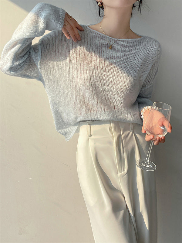 flowersverse Gentle Mohair Knitted Loose Long Sleeves Solid Color Thin Sweater Tops