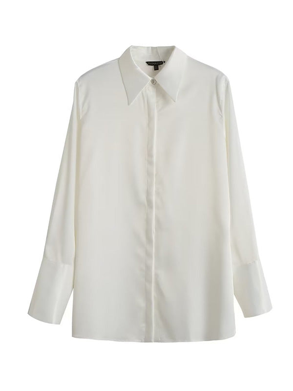 flowersverse Casual Loose Long Sleeves Buttoned Solid Color Lapel Collar Blouses&Shirts Tops