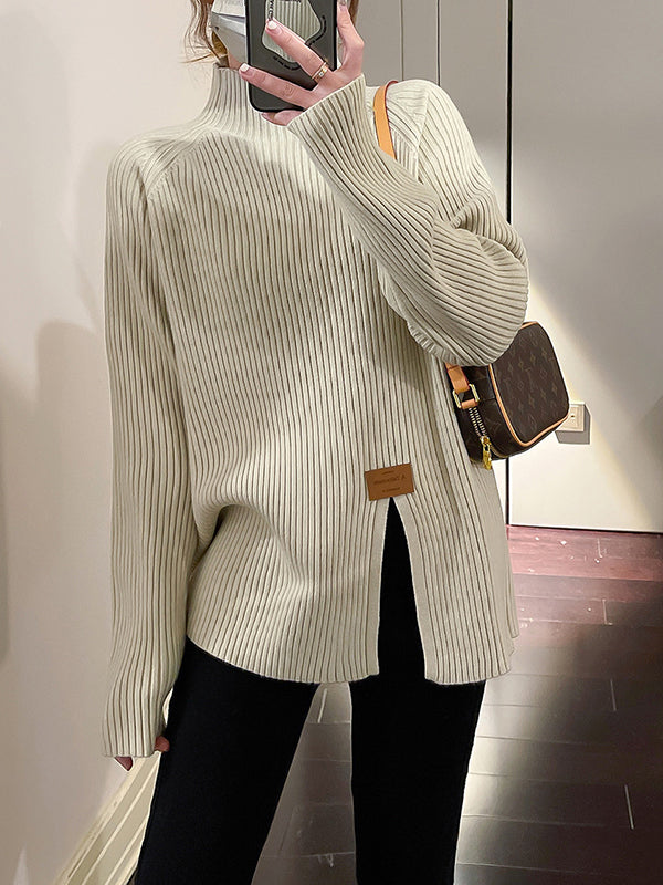 flowersverse Split-Front Long Sleeves Loose Mock Neck Sweater Tops Pullovers