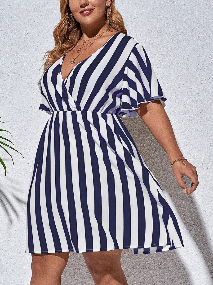flowersverse Holiday Short Sleeve V Neck A-line Weaving Dress