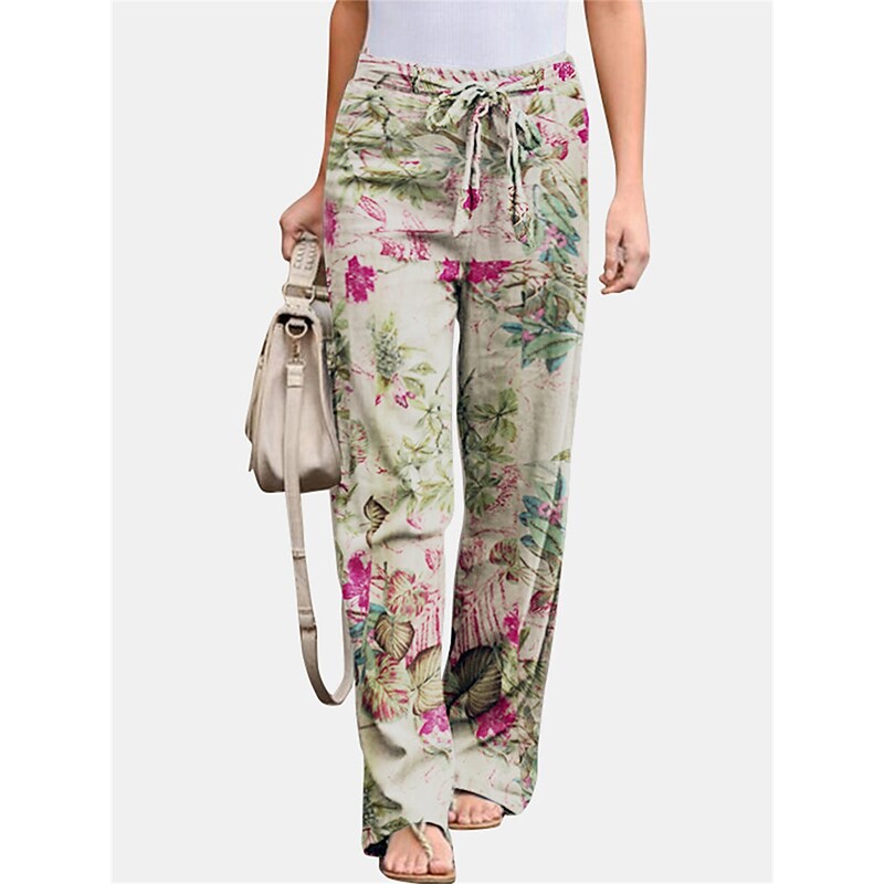 flowersverse Women's Plus Size Loungewear Pants Flower Leaves Basic Casual Comfort Home Daily Vacation Cotton Breathable Pant Spring Summer Yellow Fuchsia