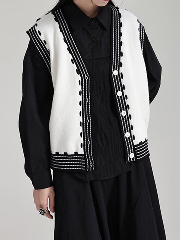 flowersverse Buttoned Contrast Color Loose Sleeveless V-Neck Vest Outerwear