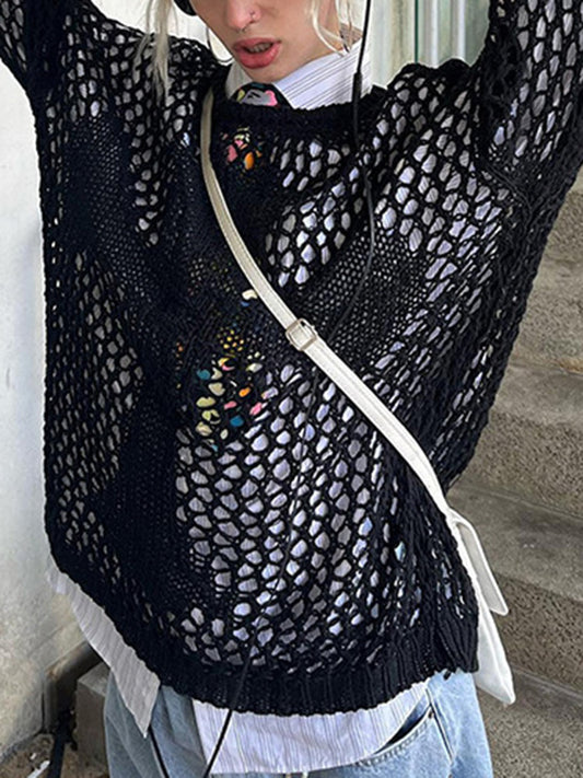 flowersverse Hollow Solid Color Long Sleeves Loose Round-Neck Sweater Tops Pullovers Knitwear