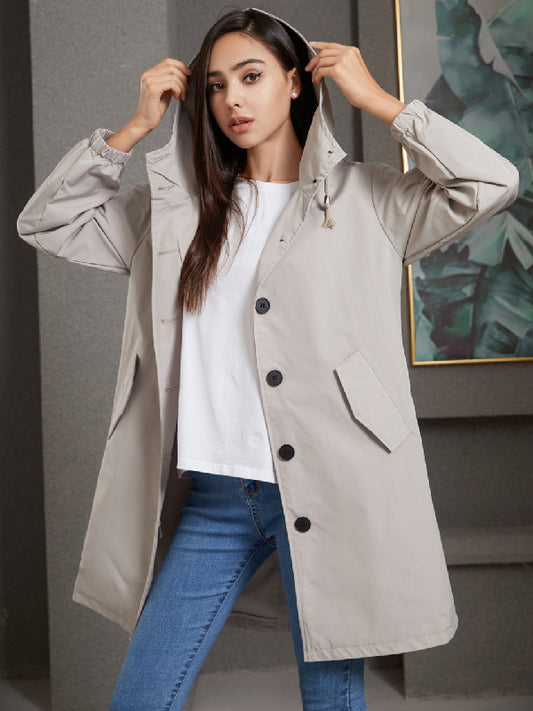 flowersverse Buttoned Drawstring Elasticity Hooded Pockets Split-Back Waterproof Long Sleeves Loose High-Neck Trench Coats