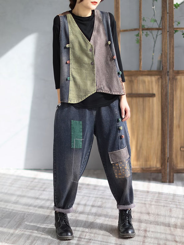 flowersverse Loose Split-Joint V-Neck Vest Top + Jean Harem Pants Bottoms Two Pieces Set