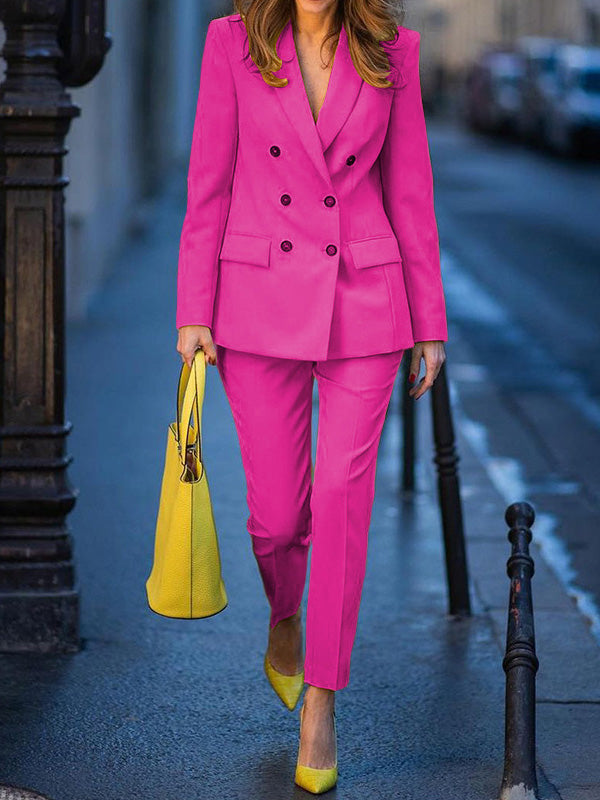 flowersverse Notched Collar Long Sleeves Loose Buttoned Outerwear Top + Pants Bottom Two Pieces Set