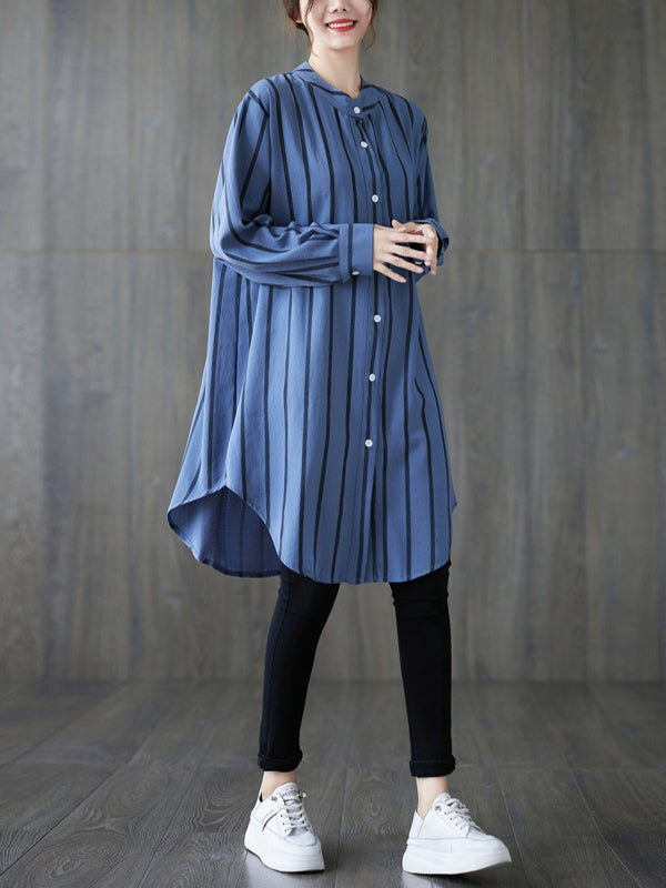 flowersverse Buttoned Striped Long Sleeves Loose Blouses&Shirts Tops