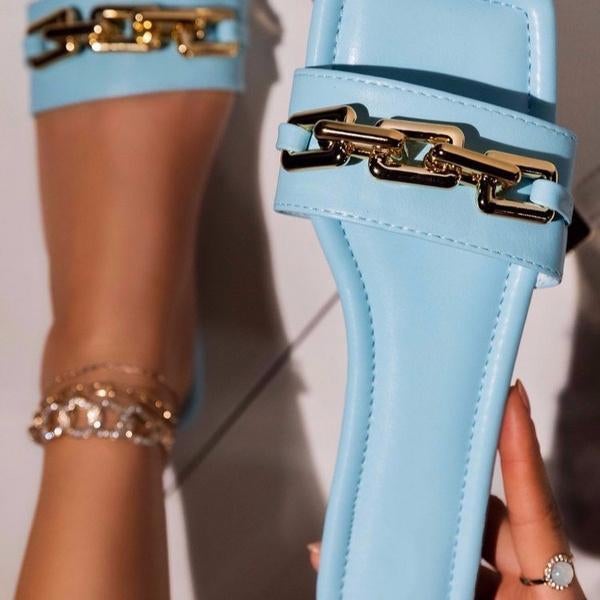 flowersverse Summer Fashion Women Flat Casual Slippers Square Toe Chain Sandals