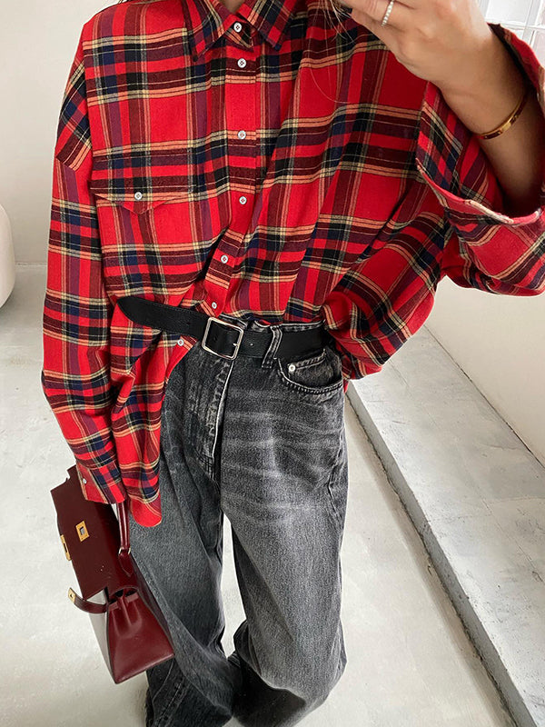 flowersverse Buttoned Plaid Long Sleeves Loose Lapel Blouses&Shirts Tops