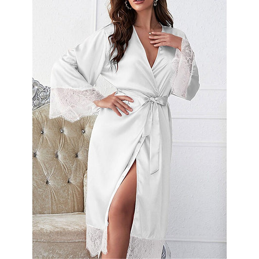 flowersverse Women's Satin Dress Wrap Dress Midi Dress Polyester Basic Casual Lace Solid Colored V Neck Home Lounge White Pink Fall Spring S M L XL