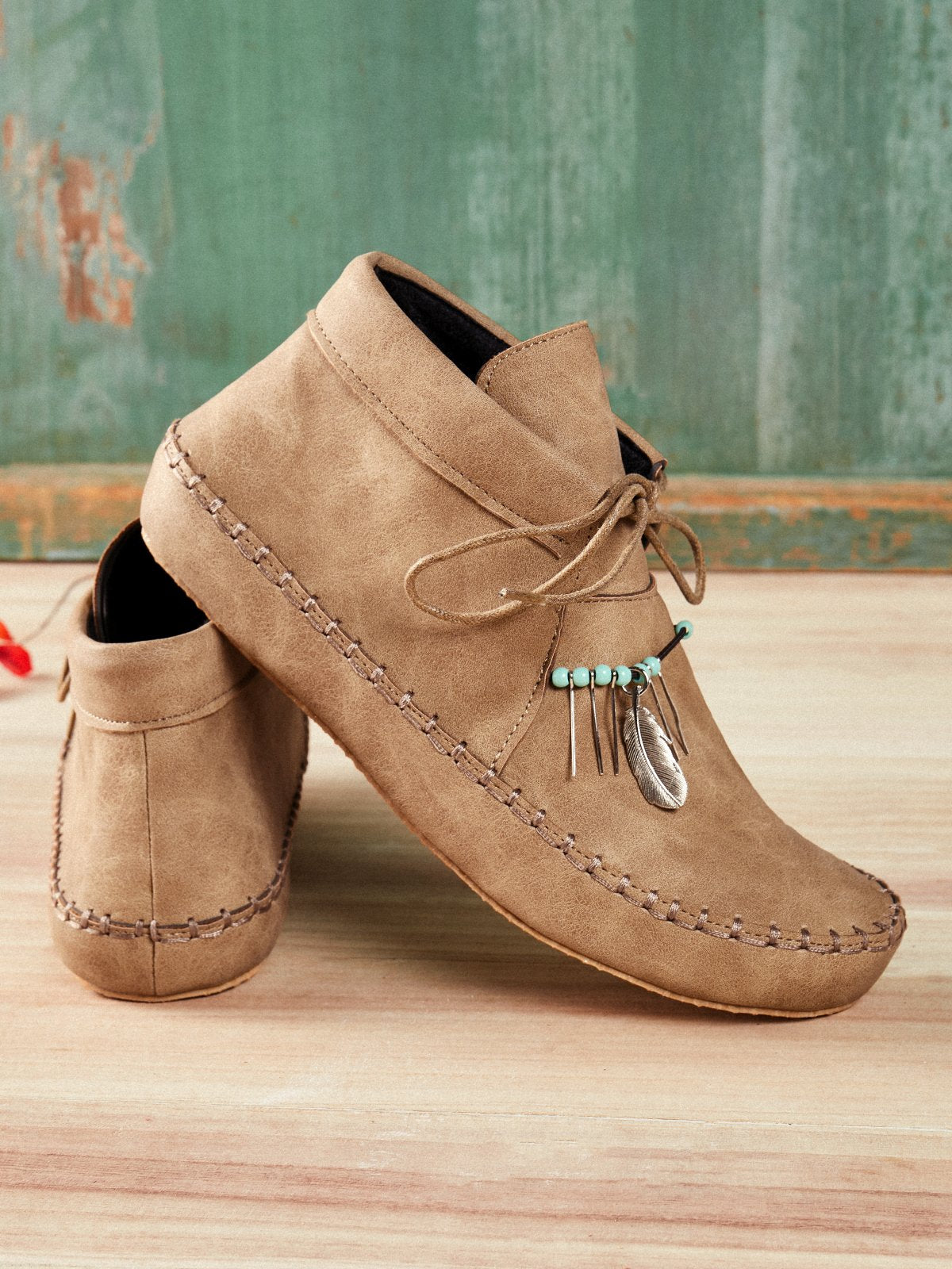 flowersverse Camel All Season Cowhide Leather Flat Heel Daily Ankle Boots
