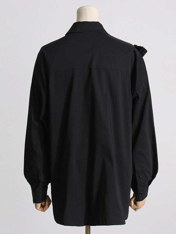 flowersverse Asymmetric Buttoned Pleated Solid Color Split-Joint Three-Dimensional Flower Long Sleeves Loose Lapel Blouses&Shirts Tops