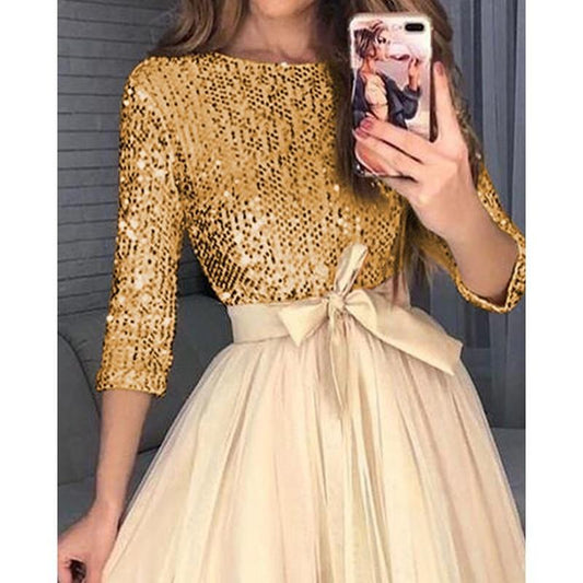 flowersverse Women Sequin Mesh Patchwork A-line Party Dress Sequins Tight Waist Layered Mesh Dress Elegant Ladies 3/4 Sleeve formal Dresses