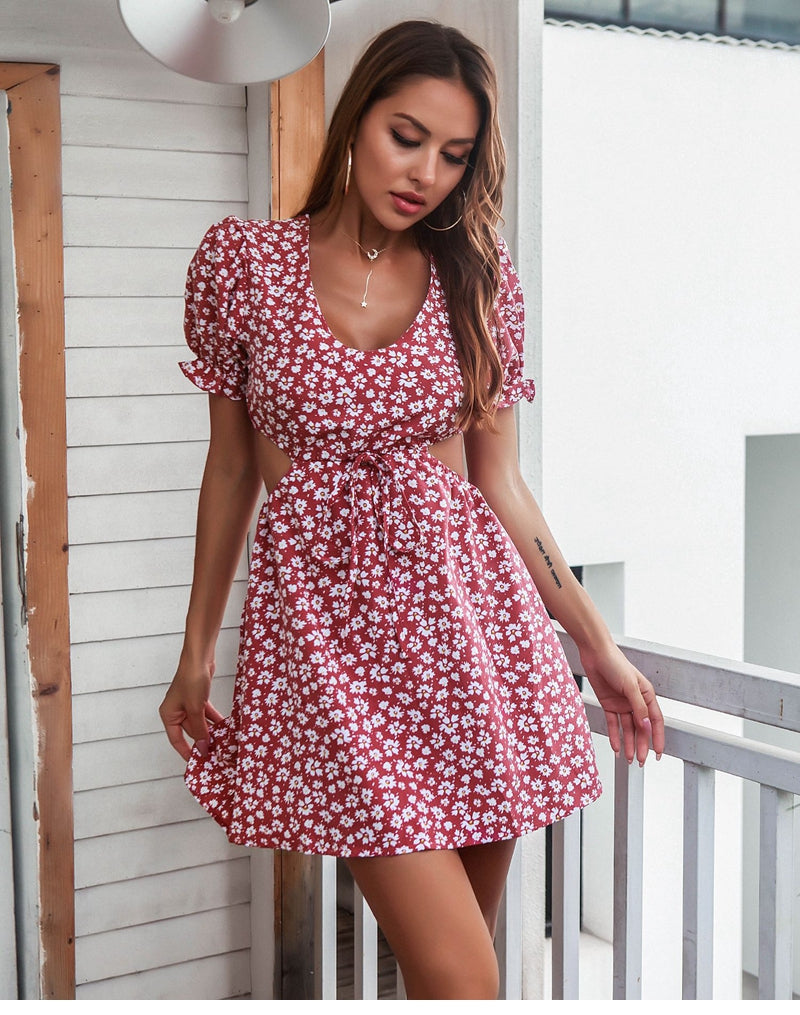 flowersverse Women Spring Summer Puff Sleeve Show Waist Print Dress Ladies Sexy Floral Short Sundress
