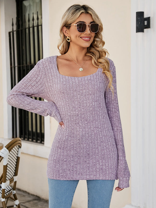 flowersverse Casual Long Sleeves Skinny Solid Color Square-Neck Sweater Tops