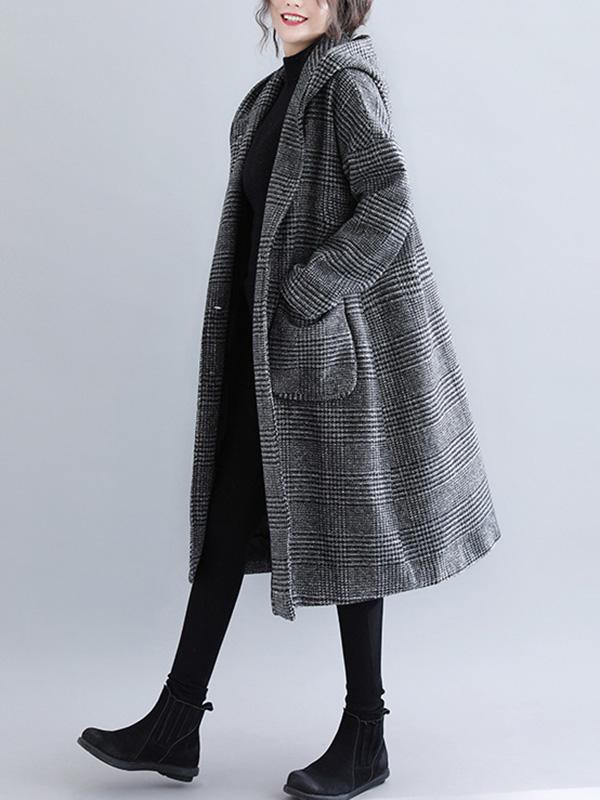 flowersverse Loose Plaid Woolen Hood Coat