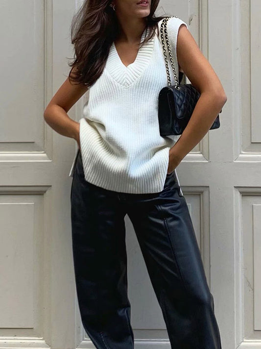 flowersverse 4 Colors V-Neck Simple Split-Side Sleeveless Knitted Vest