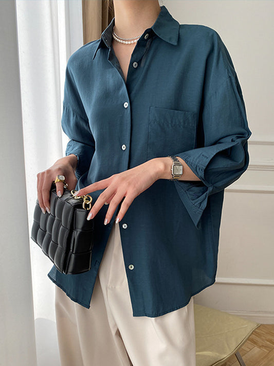 flowersverse Solid Color Lapel Blouses&Shirts Tops