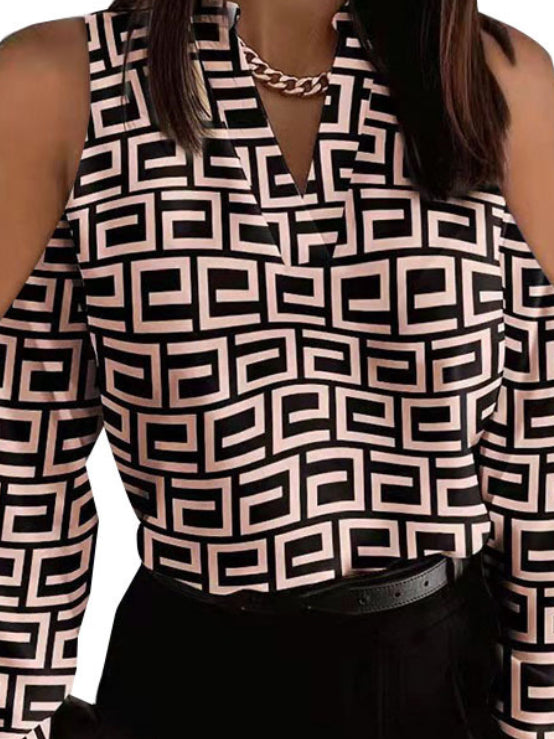 flowersverse Casual Long Sleeves Loose Contrast Color Hollow V-Neck Blouses&Shirts Tops