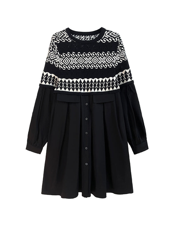 flowersverse Buttoned Contrast Color Split-Joint A-Line Long Sleeves Round-Neck Mini Dresses