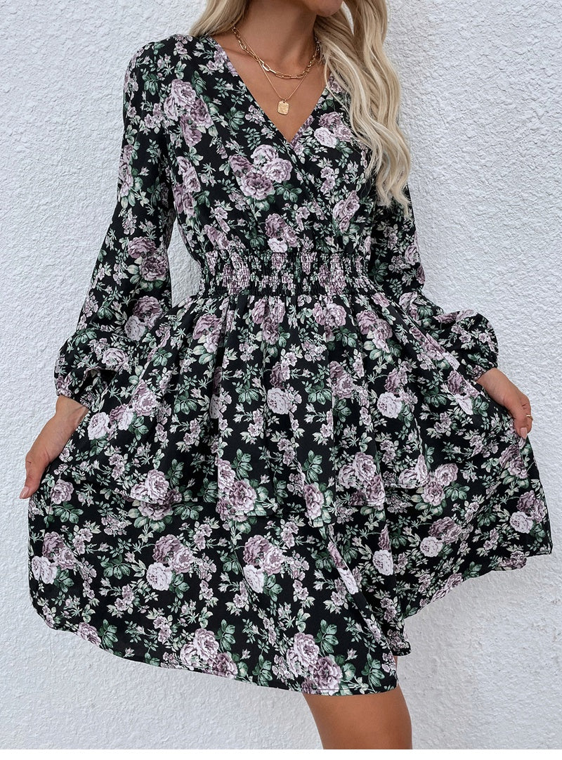 flowersverse Women Spring Fall V Neck Long Sleeve Floral A Line Dress For Ladies Fashion Puff Sleeve Printed All Match Waist Dress