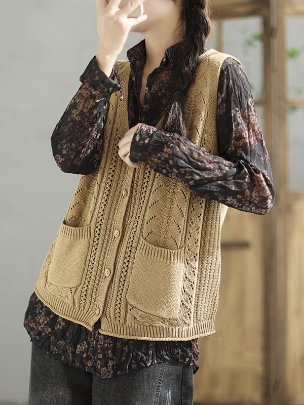 flowersverse Casual Loose Sleeveless Buttoned Hollow Solid Color V-Neck Vest Outerwear