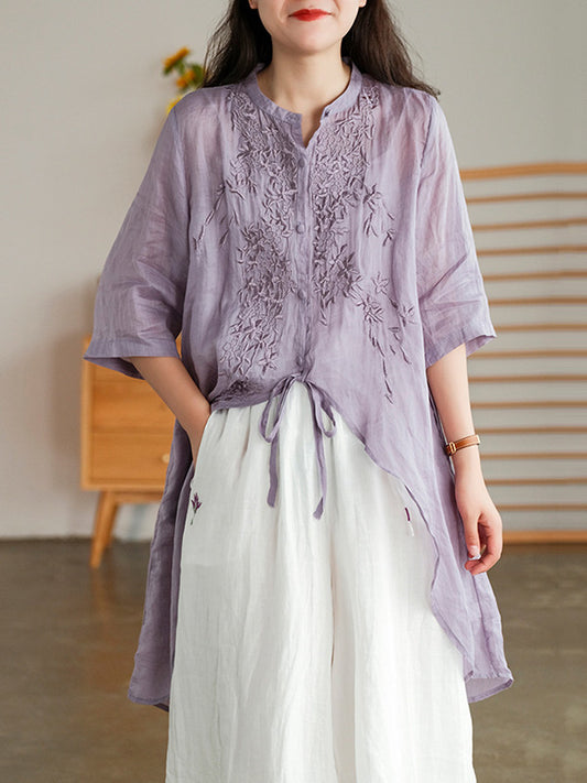 flowersverse Original Embroidered Irregularity Round-Neck Blouse Tops