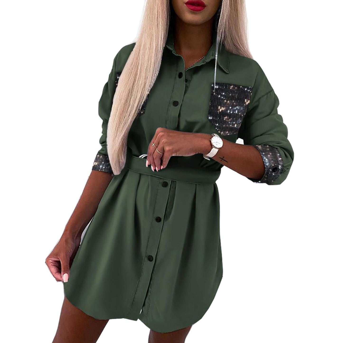 flowersverse Fashionkova Elegant Women Autumn Shirt Dress Lace Button Design Sequins Pocket Long Sleeve Mini Dress Office Lady High Waist A-Line Dress