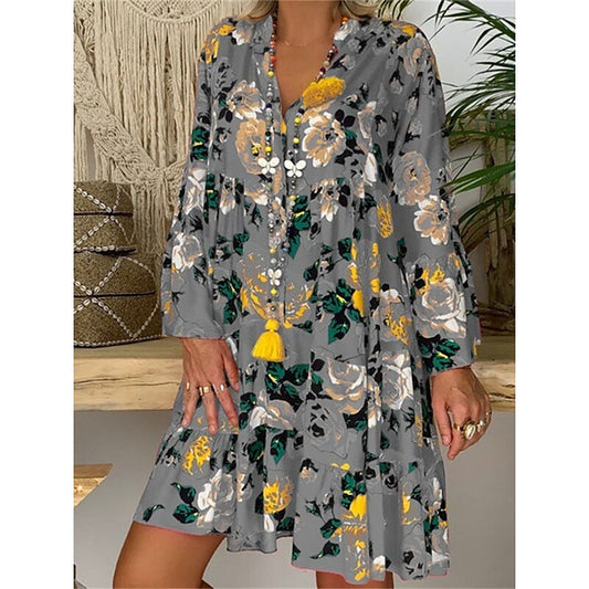 flowersverse Women's Plus Size Casual Dress Shift Dress Floral Dress Floral Mini Dress 3/4 Length Sleeve Ruched Ruffle V Neck Fashion Daily White Yellow Spring Summer L XL XXL 3XL 4XL