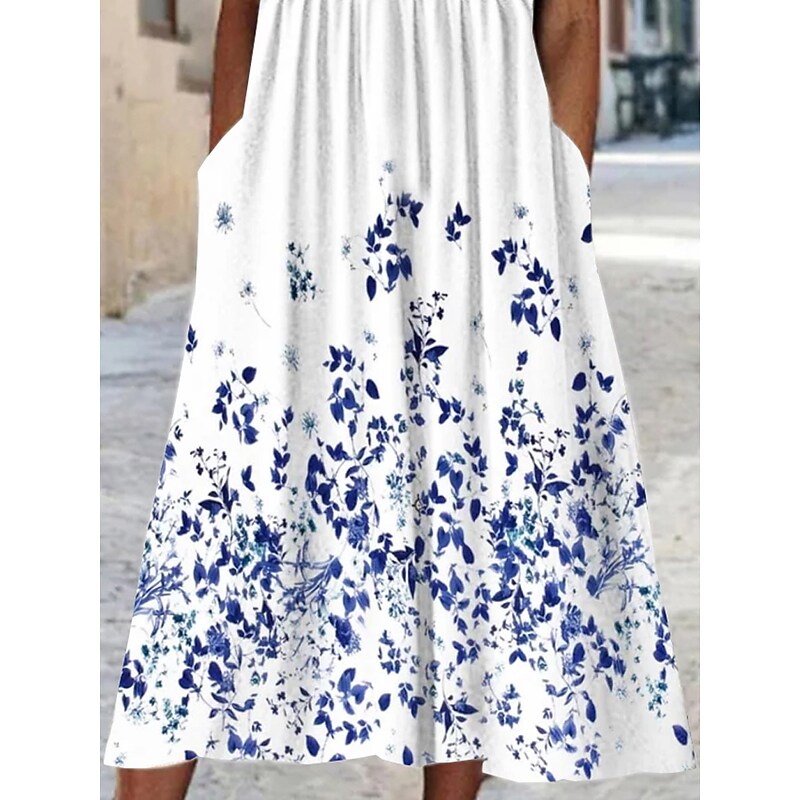 flowersverse Women's Casual Dress Summer Dress Print Dress Graphic Floral Ruched Pocket Crew Neck Midi Dress Fashion Classic Outdoor Daily Short Sleeve Loose Fit White Spring Summer S M L XL XXL