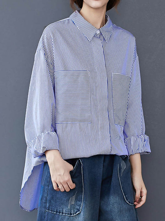 flowersverse Loose Casual Striped Split-Joint With Pocket Lapel Collar Long Sleeves Blouse