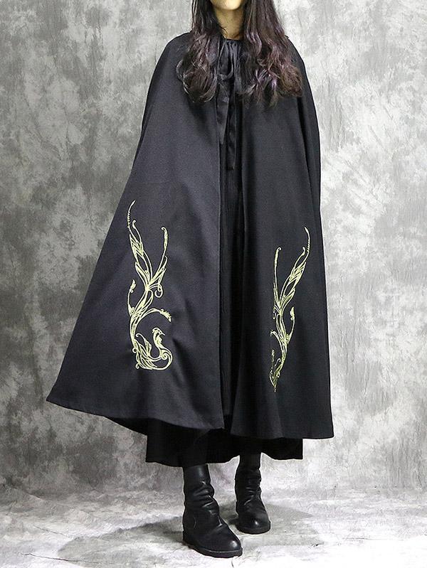 flowersverse Loose National Phoenix Embroidered With-hat Cape Outwear