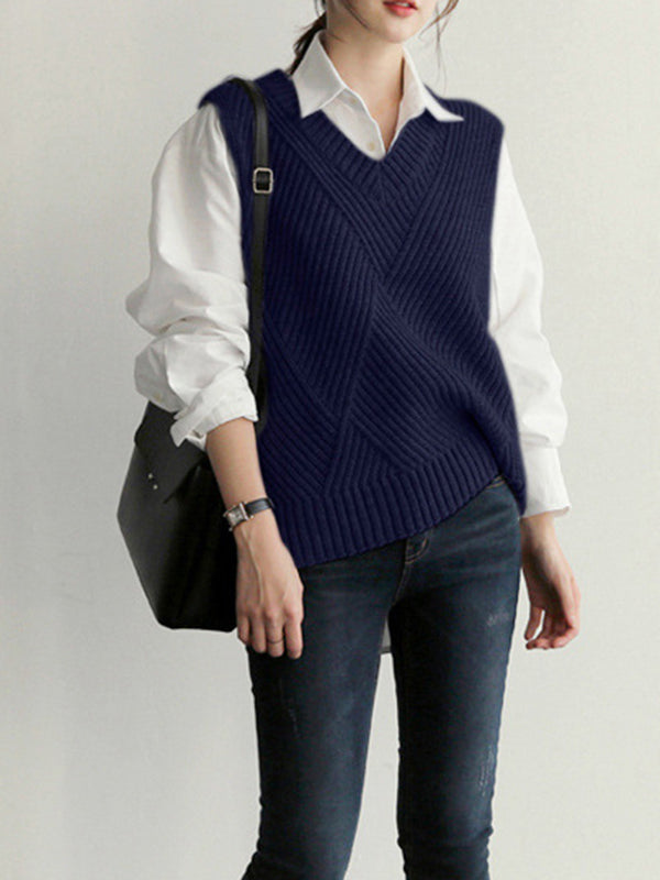 flowersverse Casual Sleeveless Loose Solid Color V-Neck Vest Outerwear