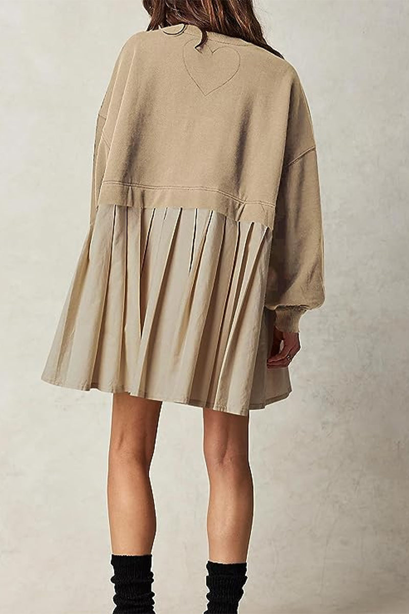 flowersverse Casual Solid Patchwork Contrast O Neck Pleated Dresses(6 Colors)
