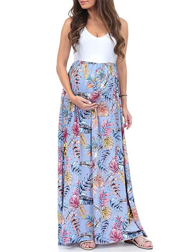 flowersverse Women's Maternity Dress Casual Dress Shift Dress Floral Dress Floral Long Dress Maxi Dress Sleeveless Patchwork Print U Neck Tropical Outdoor Black Yellow Pink Spring Summer S M L XL XXL