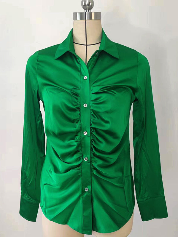 flowersverse Pleated Solid Color Long Sleeves Lapel Blouses&shirts Tops