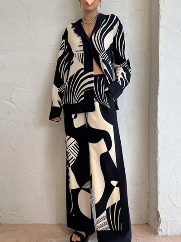 flowersverse Long Sleeves Loose Contrast Color Pockets Printed Blouses&Pants Suits
