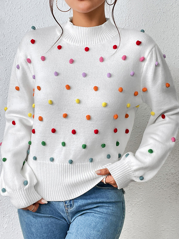 flowersverse Pompom Triming Long Sleeves Loose Round-Neck Sweater Tops Pullovers Knitwear