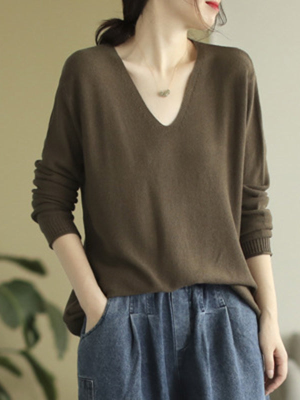 flowersverse Solid Color Long Sleeves Loose V-Neck Sweater Tops