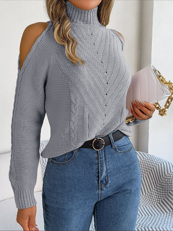flowersverse Solid Color Split-Joint Long Sleeves Loose Cold Shoulder Sweater Tops