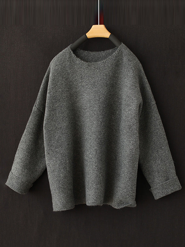 flowersverse Simple Long Sleeves Loose Solid Color Round-Neck Sweater Tops