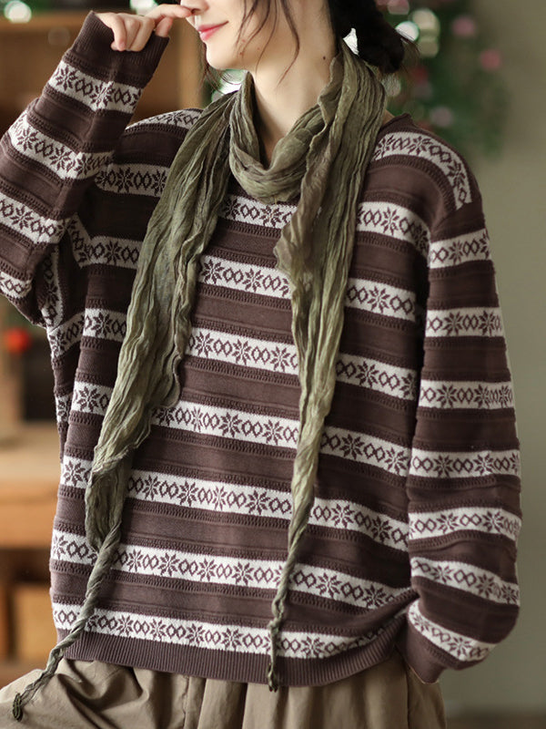 flowersverse Artistic Retro Loose Long Sleeves Jacquard Round-Neck Sweater Tops