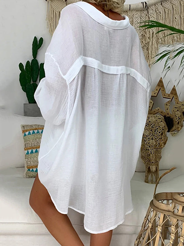 flowersverse Vintage Long Sleeves Buttoned See-Through Solid Color Lapel Blouses&Shirts Tops