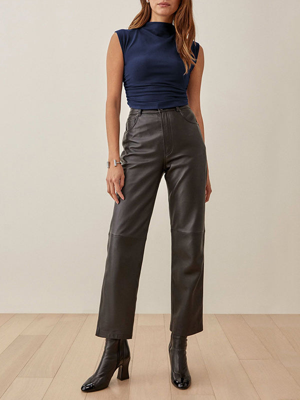 flowersverse Pleated Solid Color Skinny Sleeveless Stand Collar Vest Top